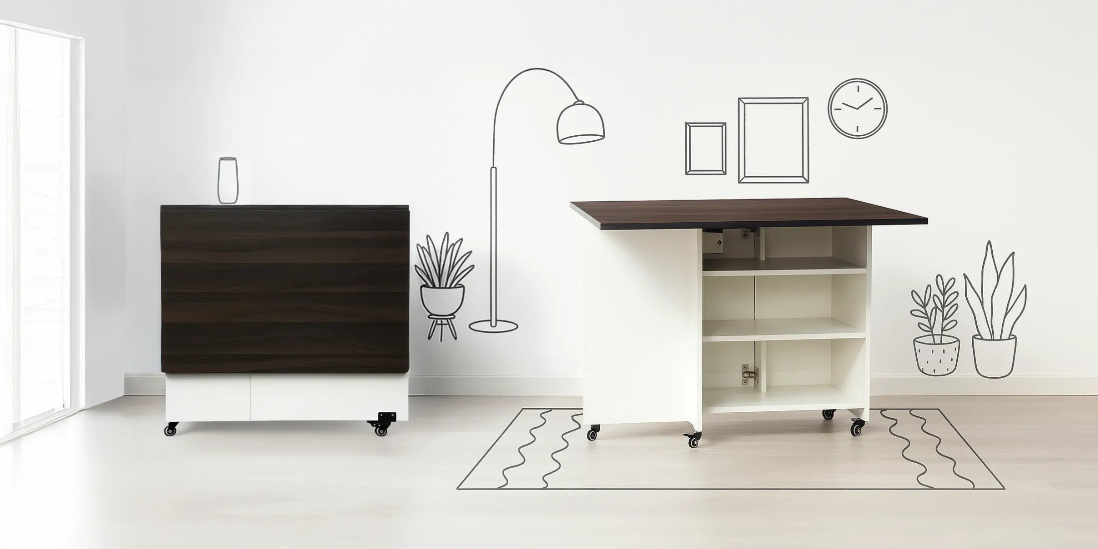 Two office desks in a minimalistic room with white walls and light wood flooring.